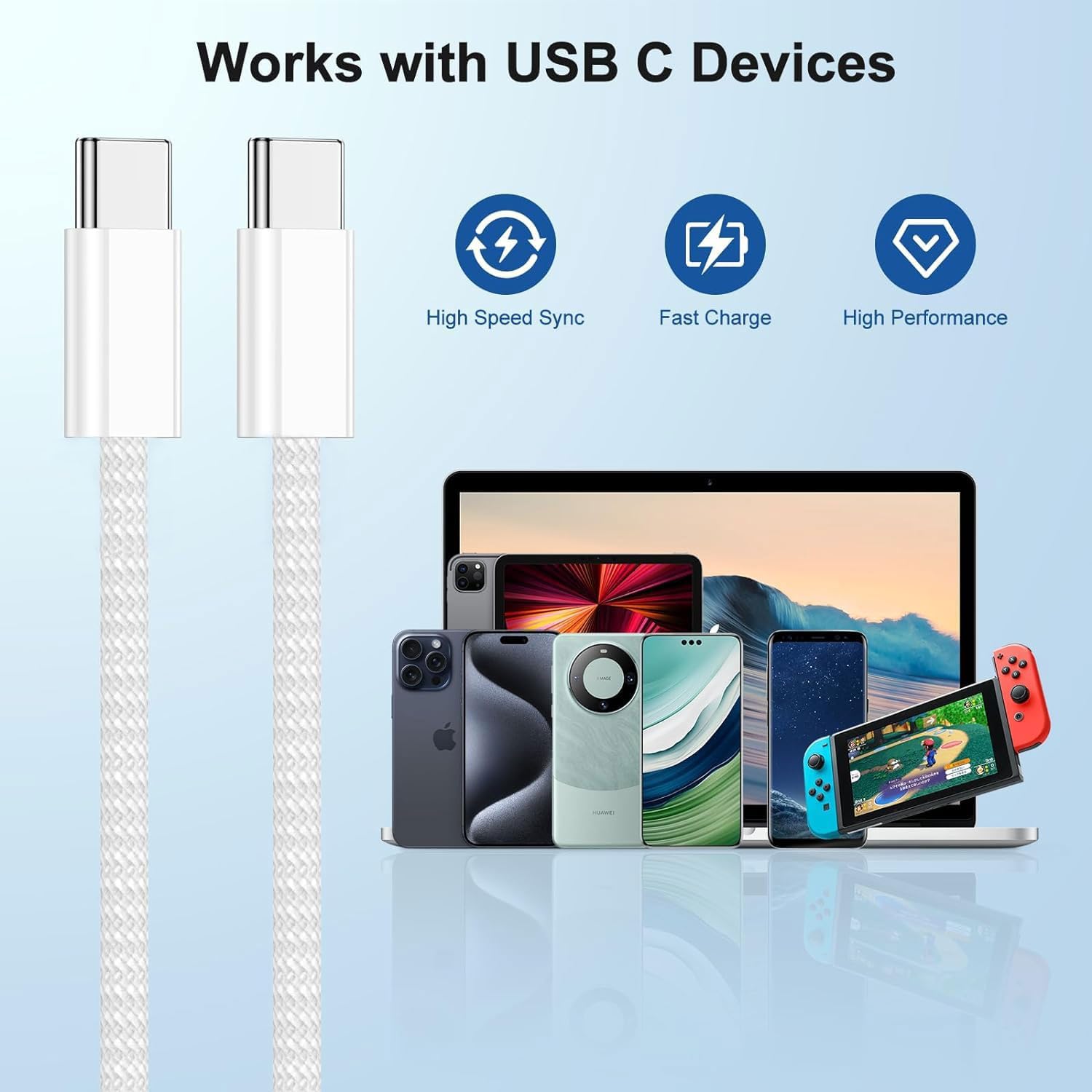 Câble de charge rapide en nylon tressé USB-C vers USB-C (60 W) Câble de charge rapide en nylon tressé USB-C vers USB-C (60 W)